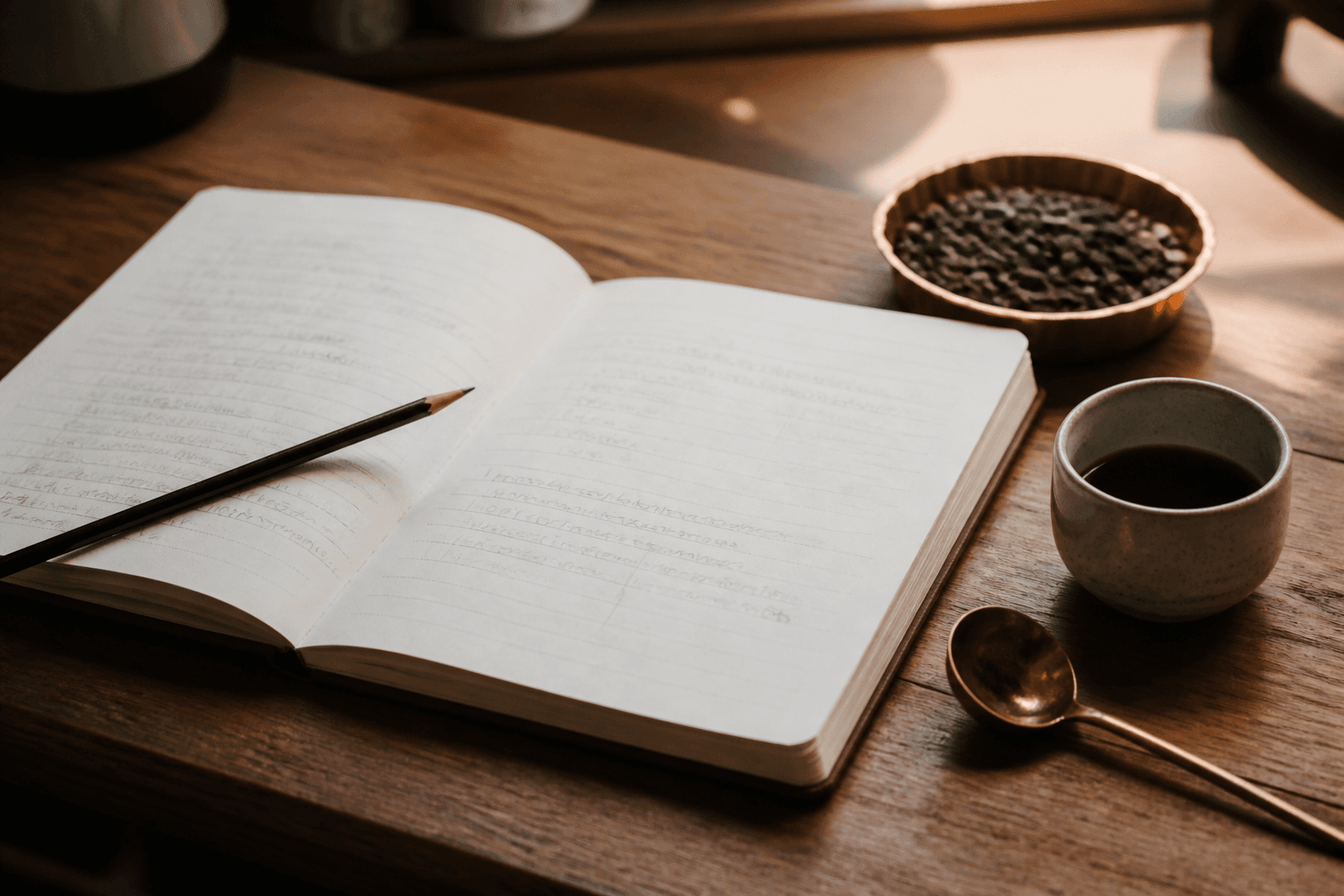 Notebook, coffee beans, and a cup on a workbench