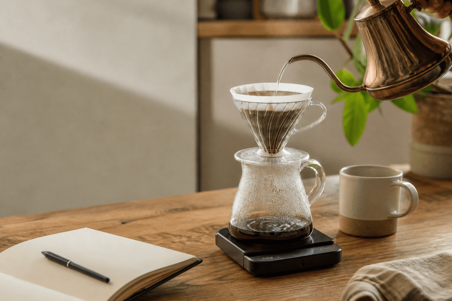 V60 brewer making a filter coffee into a glass carafe