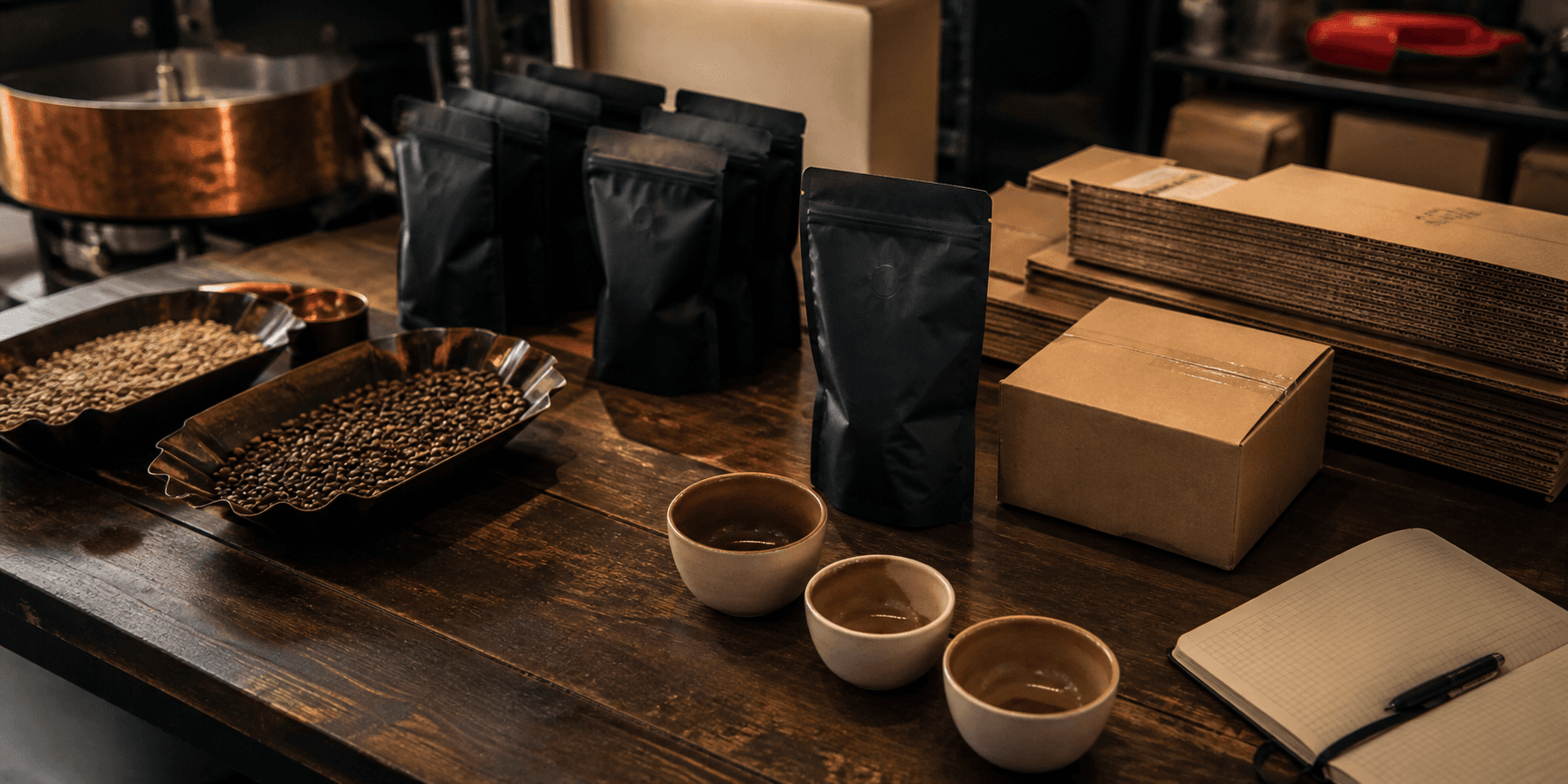 Coffee cherries and processing tools on a roastery workbench