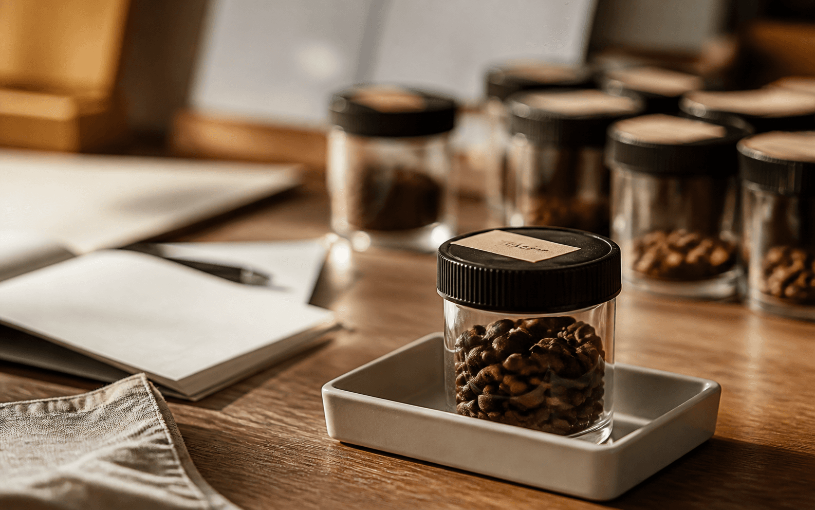 Freshly roasted coffee resting in a roastery setting